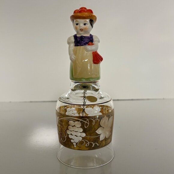 Western Germany Hand-Painted Porcelain Girl Glass Bell Gold Trim Grapevine VTG - Picture 1 of 10